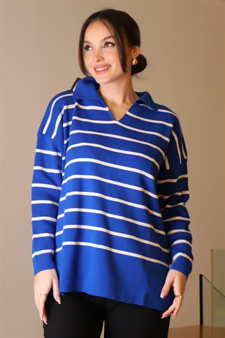 GÖMLEK YAKA ÇİZGİLİ SAKS EKRU KADIN TRİKO KAZAK 5165-2K5