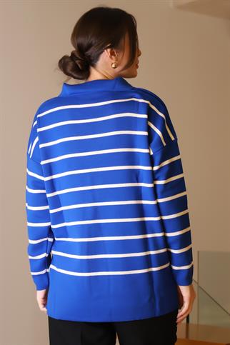 GÖMLEK YAKA ÇİZGİLİ SAKS EKRU KADIN TRİKO KAZAK 5165-2K5