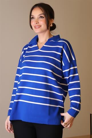 GÖMLEK YAKA ÇİZGİLİ SAKS EKRU KADIN TRİKO KAZAK 5165-2K5