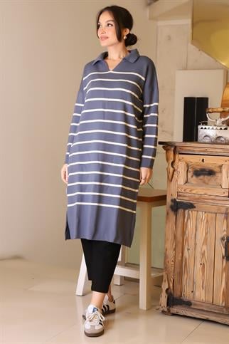 YANLARI YIRTMAÇLI UZUN KOLLU İNDİGO  KADIN ELBİSE 5172-2K5