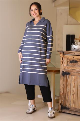 YANLARI YIRTMAÇLI UZUN KOLLU İNDİGO  KADIN ELBİSE 5172-2K5