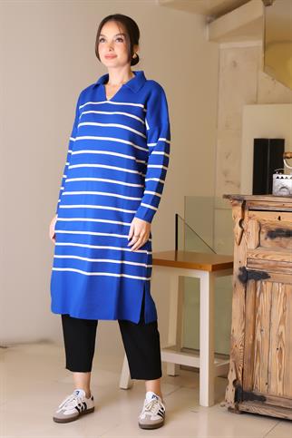 YANLARI YIRTMAÇLI UZUN KOLLU SAKS KADIN ELBİSE 5172-2K5