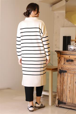 YANLARI YIRTMAÇLI UZUN KOLLU EKRU SİYAH KADIN ELBİSE 5172-2K5