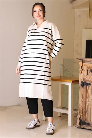 YANLARI YIRTMAÇLI UZUN KOLLU EKRU SİYAH KADIN ELBİSE 5172-2K5