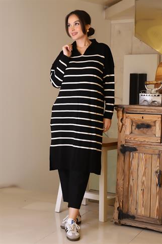 YANLARI YIRTMAÇLI UZUN KOLLU SİYAH EKRU KADIN ELBİSE  5172-2K5