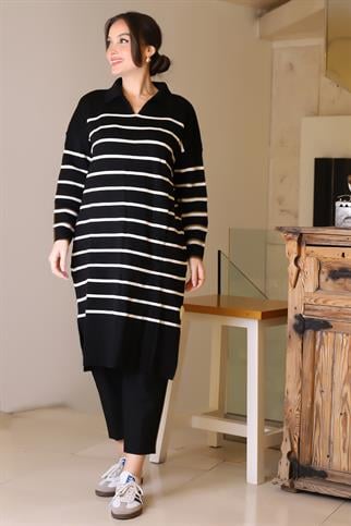 YANLARI YIRTMAÇLI UZUN KOLLU SİYAH EKRU KADIN ELBİSE  5172-2K5