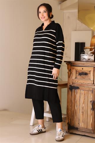 YANLARI YIRTMAÇLI UZUN KOLLU SİYAH EKRU KADIN ELBİSE  5172-2K5