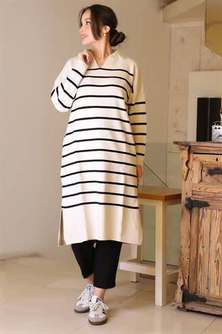 YANLARI YIRTMAÇLI UZUN KOLLU EKRU SİYAH KADIN ELBİSE 5172-2K5