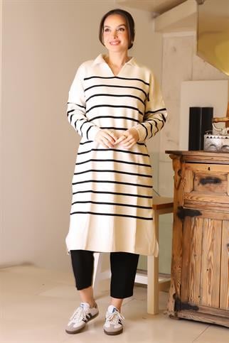 YANLARI YIRTMAÇLI UZUN KOLLU EKRU SİYAH KADIN ELBİSE 5172-2K5