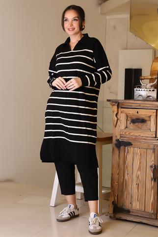 YANLARI YIRTMAÇLI UZUN KOLLU SİYAH EKRU KADIN ELBİSE  5172-2K5