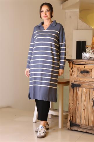 YANLARI YIRTMAÇLI UZUN KOLLU İNDİGO  KADIN ELBİSE 5172-2K5