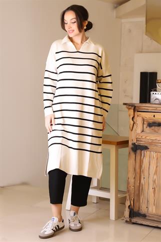 YANLARI YIRTMAÇLI UZUN KOLLU EKRU SİYAH KADIN ELBİSE 5172-2K5