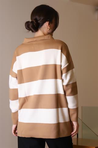 V YAKA ÇİZGİLİ CAMEL  EKRU KADIN TRİKO KAZAK 5208-2K5