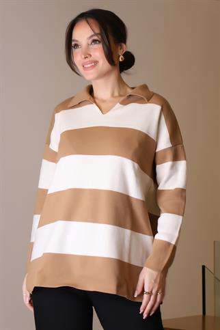 V YAKA ÇİZGİLİ CAMEL  EKRU KADIN TRİKO KAZAK 5208-2K5