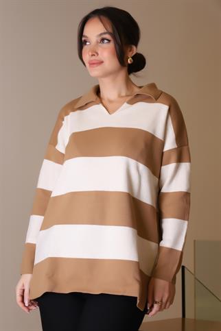 V YAKA ÇİZGİLİ CAMEL  EKRU KADIN TRİKO KAZAK 5208-2K5
