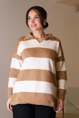 V YAKA ÇİZGİLİ CAMEL  EKRU KADIN TRİKO KAZAK 5208-2K5