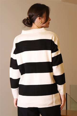 V YAKA ÇİZGİLİ EKRU SİYAH KADIN TRİKO KAZAK 5208-2K5