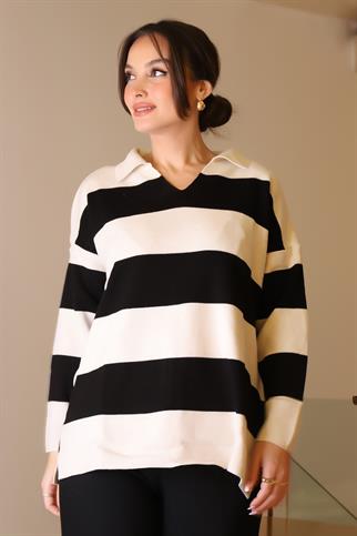 V YAKA ÇİZGİLİ EKRU SİYAH KADIN TRİKO KAZAK 5208-2K5