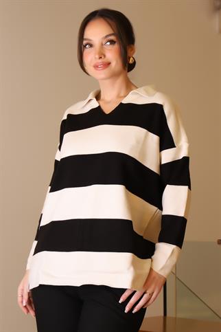 V YAKA ÇİZGİLİ EKRU SİYAH KADIN TRİKO KAZAK 5208-2K5