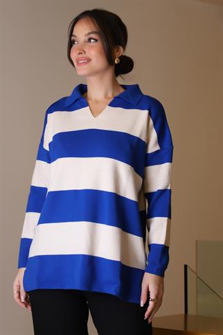 V YAKA ÇİZGİLİ SAKS EKRU KADIN TRİKO KAZAK 5208-2K5