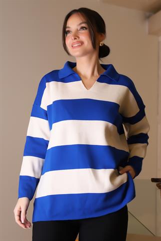 V YAKA ÇİZGİLİ SAKS EKRU KADIN TRİKO KAZAK 5208-2K5