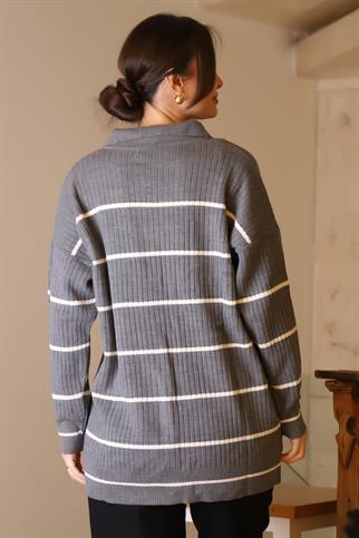 POLO YAKA DÜĞMELİ GRİ KADIN HIRKA 5224-2K5