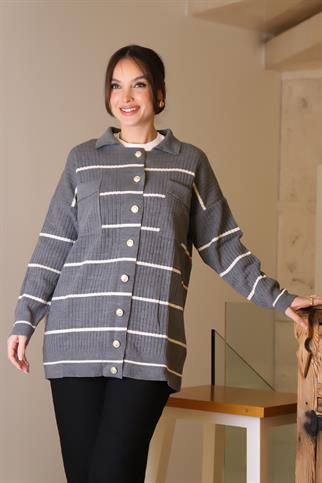 POLO YAKA DÜĞMELİ GRİ KADIN HIRKA 5224-2K5