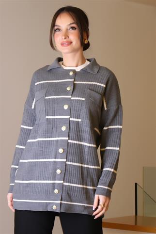 POLO YAKA DÜĞMELİ GRİ KADIN HIRKA 5224-2K5