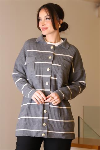 POLO YAKA DÜĞMELİ GRİ KADIN HIRKA 5224-2K5