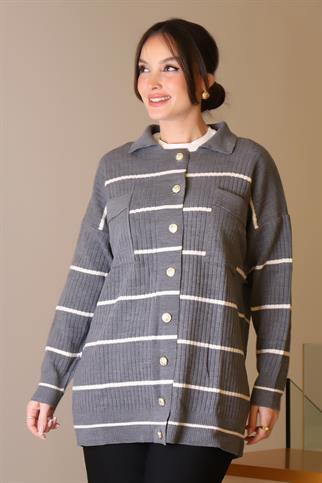 POLO YAKA DÜĞMELİ GRİ KADIN HIRKA 5224-2K5