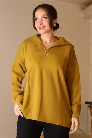 GENİŞ YAKA FERMUARLI  ASİT TRİKO KADIN KAZAK 6078-2K5