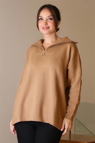 GENİŞ YAKA FERMUARLI CAMEL TRİKO KADIN KAZAK 6078-2K5