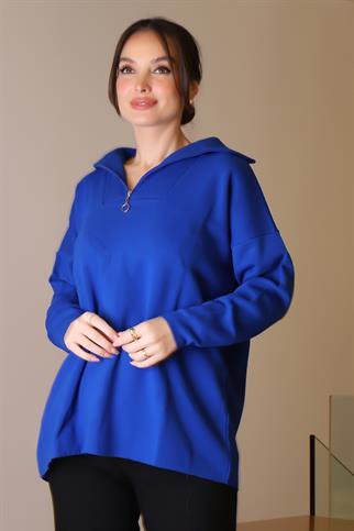 GENİŞ YAKA FERMUARLI SAKS TRİKO KADIN KAZAK 6078-2K5