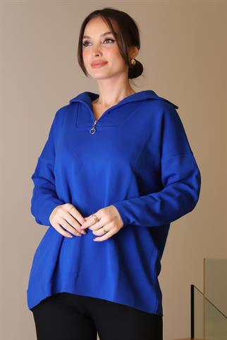 GENİŞ YAKA FERMUARLI SAKS TRİKO KADIN KAZAK 6078-2K5