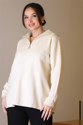 GENİŞ YAKA FERMUARLI TAŞ TRİKO KADIN KAZAK 6078-2K5