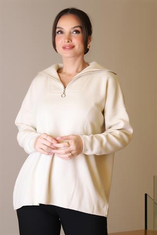 GENİŞ YAKA FERMUARLI TAŞ TRİKO KADIN KAZAK 6078-2K5