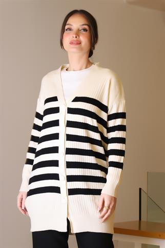 UZUN KOLLU DÜĞMELİ EKRU SİYAH  KADIN HIRKA 6132-2K5