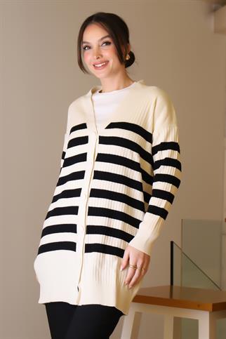 UZUN KOLLU DÜĞMELİ EKRU SİYAH  KADIN HIRKA 6132-2K5