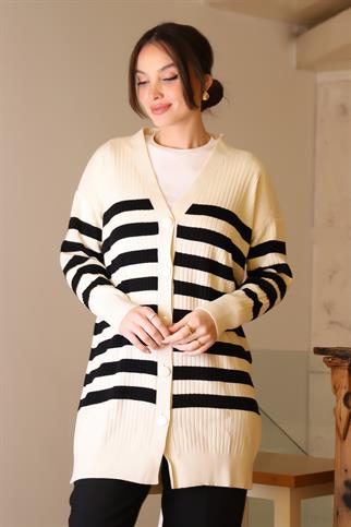 UZUN KOLLU DÜĞMELİ EKRU SİYAH  KADIN HIRKA 6132-2K5