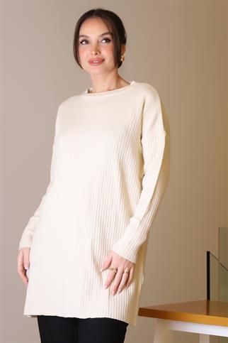 SIFIR YAKA UZUN KOLLU EKRU KADIN TUNİK 6152-2K5