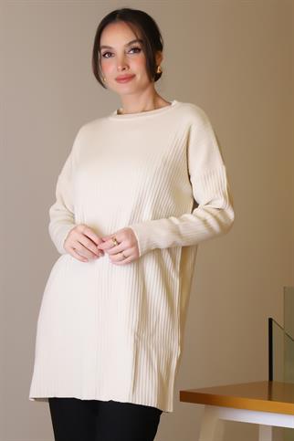 SIFIR YAKA UZUN KOLLU EKRU KADIN TUNİK 6152-2K5