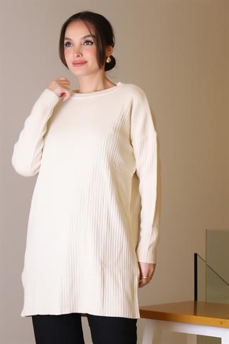 SIFIR YAKA UZUN KOLLU EKRU KADIN TUNİK 6152-2K5