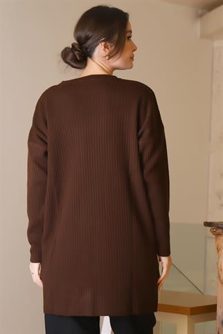 SIFIR YAKA UZUN KOLLU KAHVE KADIN TUNİK 6152-2K5