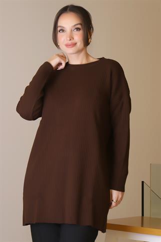 SIFIR YAKA UZUN KOLLU KAHVE KADIN TUNİK 6152-2K5
