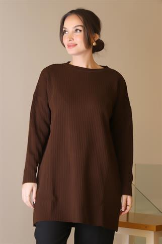 SIFIR YAKA UZUN KOLLU KAHVE KADIN TUNİK 6152-2K5