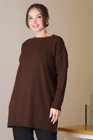 SIFIR YAKA UZUN KOLLU KAHVE KADIN TUNİK 6152-2K5