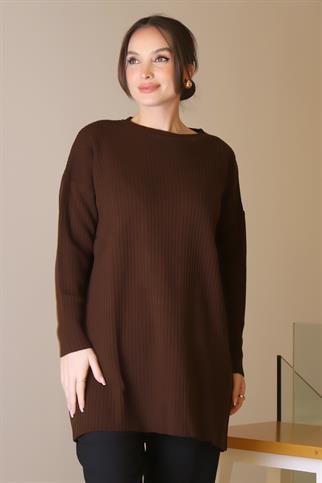 SIFIR YAKA UZUN KOLLU KAHVE KADIN TUNİK 6152-2K5