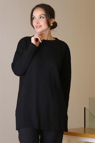 SIFIR YAKA UZUN KOLLU SİYAH KADIN TUNİK 6152-2K5