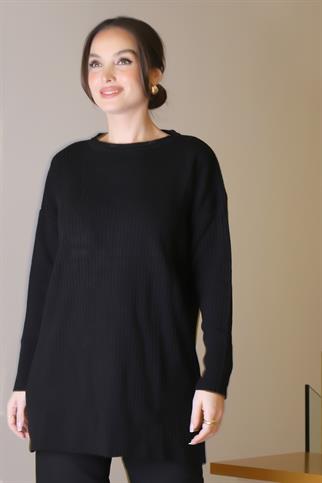 SIFIR YAKA UZUN KOLLU SİYAH KADIN TUNİK 6152-2K5