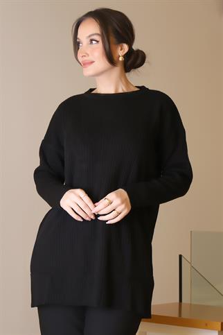 SIFIR YAKA UZUN KOLLU SİYAH KADIN TUNİK 6152-2K5